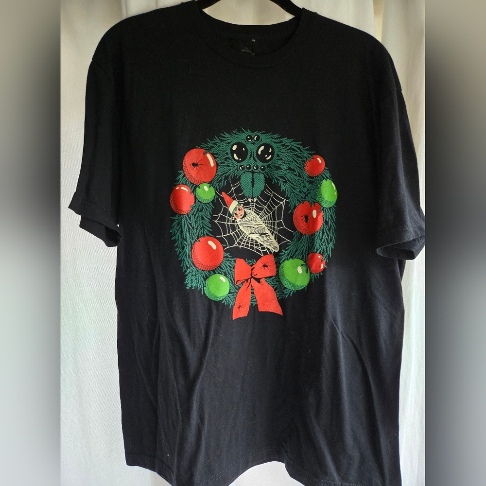 Halloween Christmas Elf On A Shelf In Spiderweb T-Shirt Unisex Large